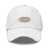 White adjustable hat adorned with the word &