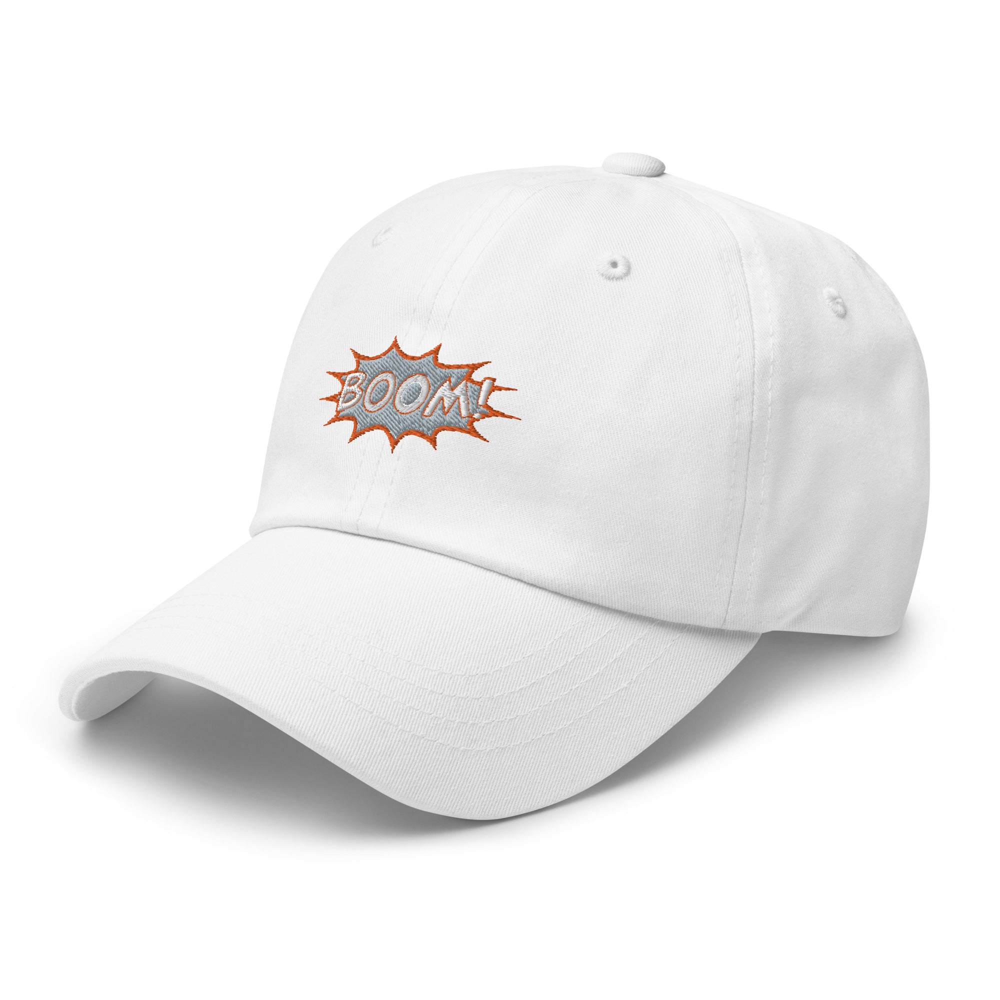 White adjustable hat adorned with the word &