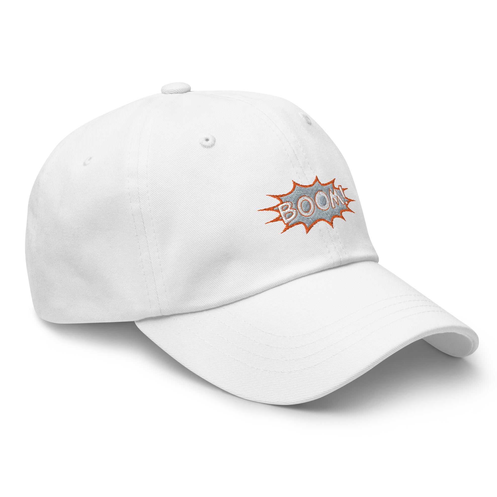 White adjustable hat adorned with the word &