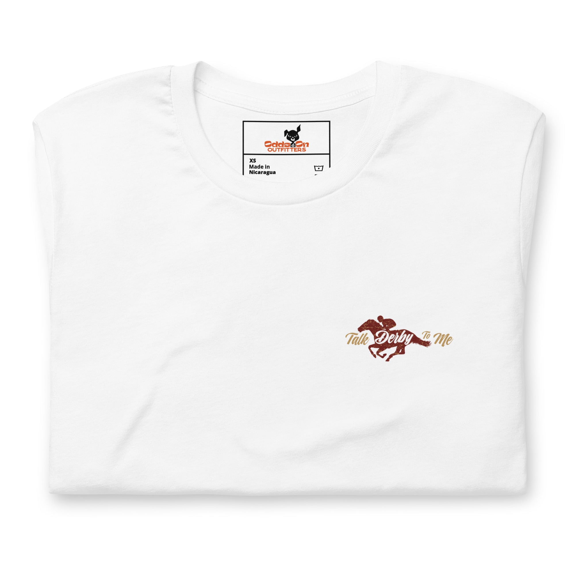 White folded tee with horse and typed words Talk Derby to Me